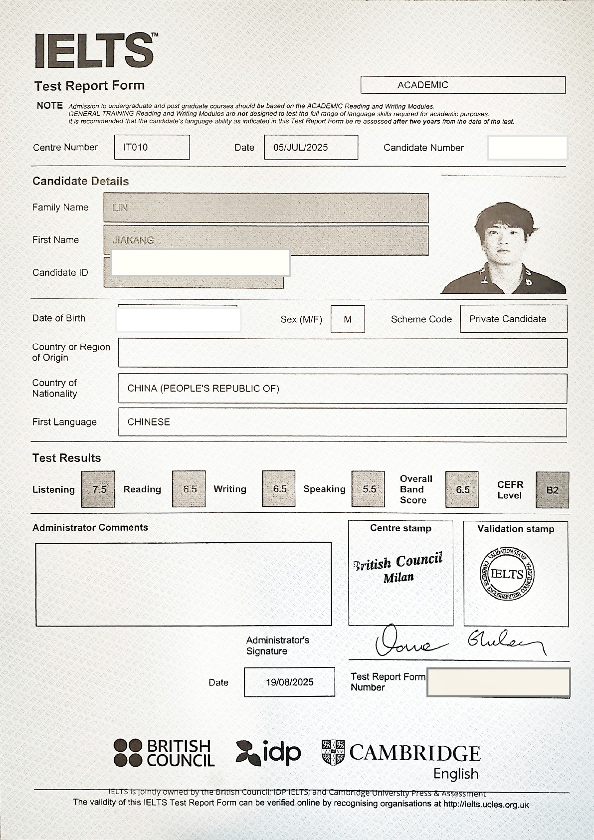 IELTS Academic 2025 成绩单